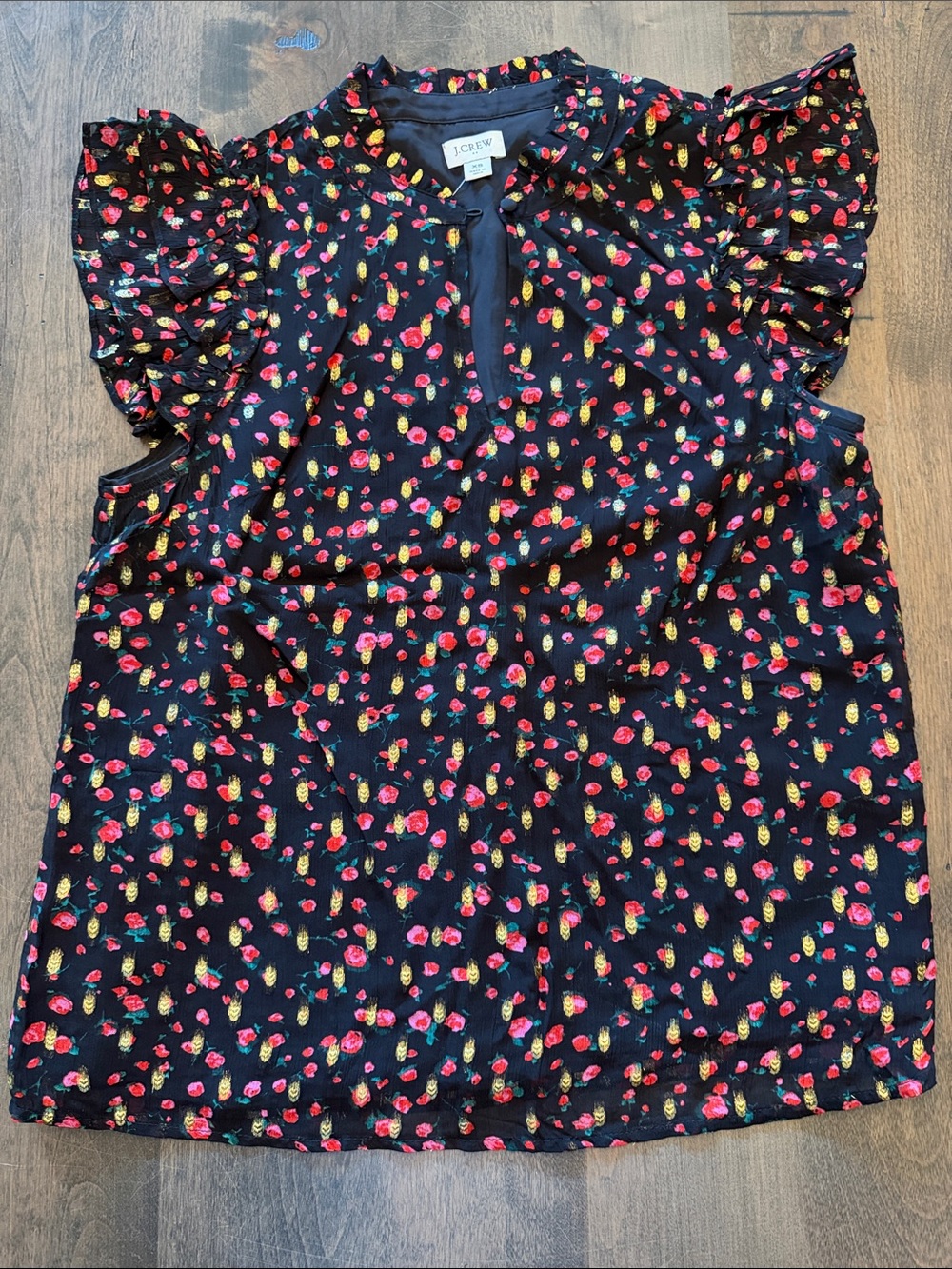 NWT J.Crew Factory Ruffleneck Flutter Sleeve Blouse Black Regal Rose Floral XS